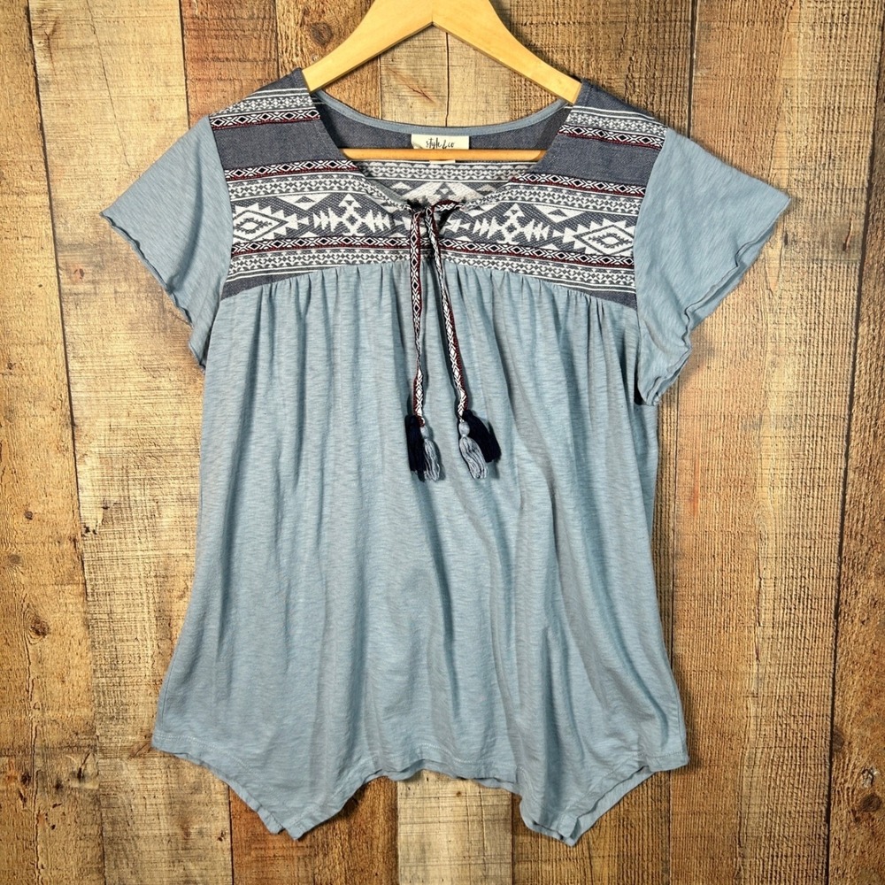 Style & Co Blue Boho Embroidered Tassel Peasant Top Sharkbite Hem Women Large L